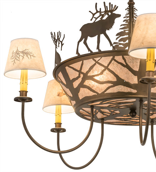 Meyda Lighting Elk on the Loose 36" 8-Light Antique Copper Chandelier With Silver Mica Glass and White Textrene Shade