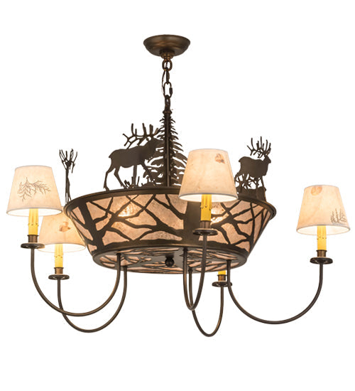 Meyda Lighting Elk on the Loose 36" 8-Light Antique Copper Chandelier With Silver Mica Glass and White Textrene Shade
