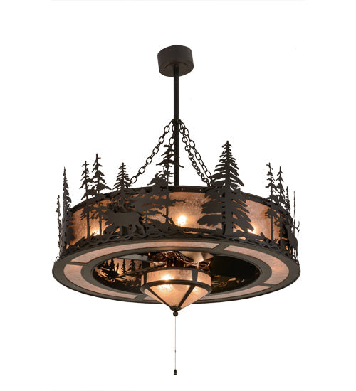 Meyda Lighting Elk through the Trees 45" 11-Light Oil Rubbed Bronze Chandelier With Silver Mica Shade Glass and Fan