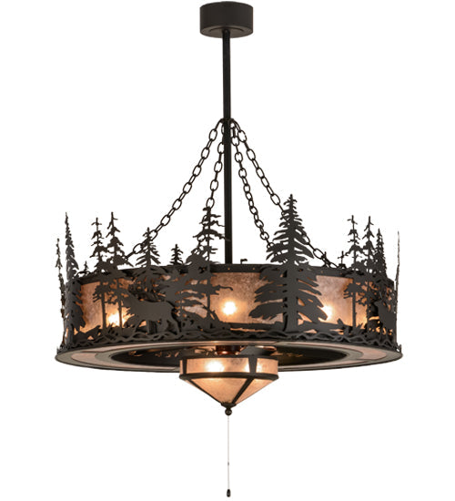 Meyda Lighting Elk through the Trees 45" 11-Light Oil Rubbed Bronze Chandelier With Silver Mica Shade Glass and Fan