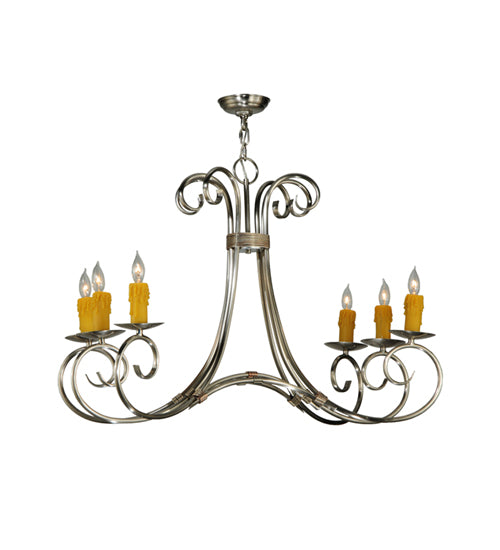 Meyda Lighting Elon 35" 6-Light Brushed Nickel Chandelier With Amber Faux Candlelight