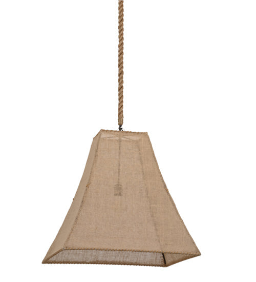 Meyda Lighting Empire 34" Solar Black Square Bell Pendant Light With Beige Burlap Textrene Shade