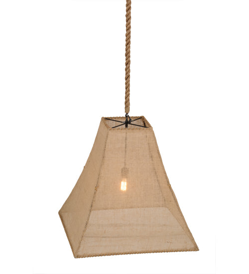 Meyda Lighting Empire 34" Solar Black Square Bell Pendant Light With Beige Burlap Textrene Shade