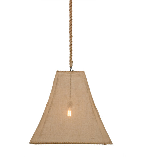 Meyda Lighting Empire 34" Solar Black Square Bell Pendant Light With Beige Burlap Textrene Shade