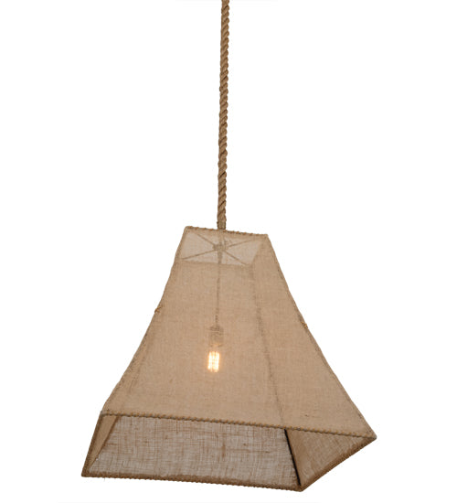 Meyda Lighting Empire 34" Solar Black Square Bell Pendant Light With Beige Burlap Textrene Shade
