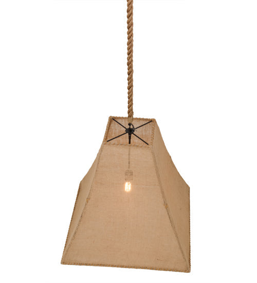 Meyda Lighting Empire 34" Solar Black Square Bell Pendant Light With Beige Burlap Textrene Shade