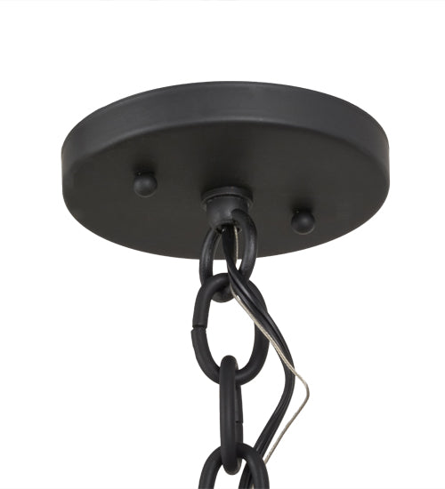 Meyda Lighting Empire 34" Solar Black Square Bell Pendant Light With Beige Burlap Textrene Shade