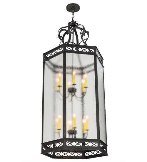 Meyda Lighting Estancia 27" 12-Light Copper Rust Pendant Light With Clear Seeded Shade Glass