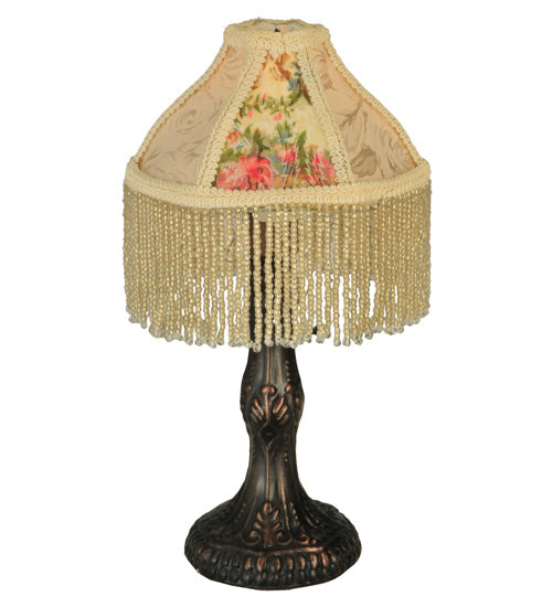 Meyda Lighting Fabric & Fringe 10" Antique Mini Table Lamp With Ivory and Roses Fabric Shade