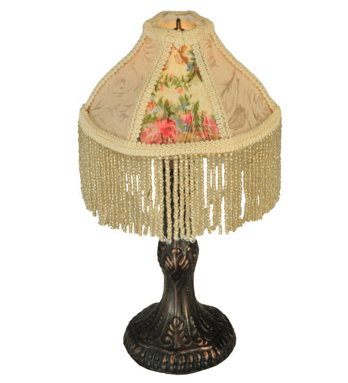 Meyda Lighting Fabric & Fringe 10" Antique Mini Table Lamp With Ivory and Roses Fabric Shade
