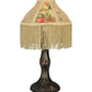 Meyda Lighting Fabric & Fringe 10" Antique Mini Table Lamp With Ivory and Roses Fabric Shade