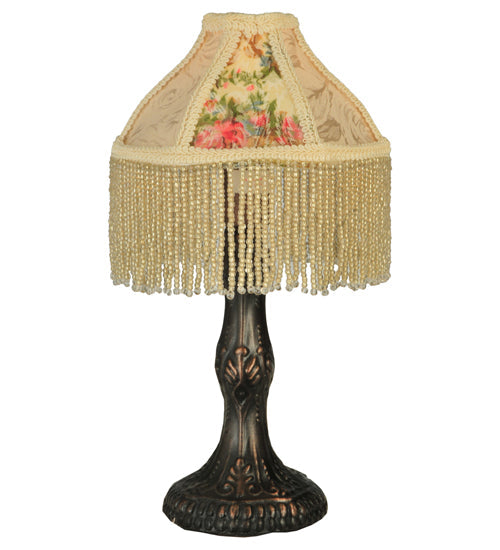 Meyda Lighting Fabric & Fringe 10" Antique Mini Table Lamp With Ivory and Roses Fabric Shade