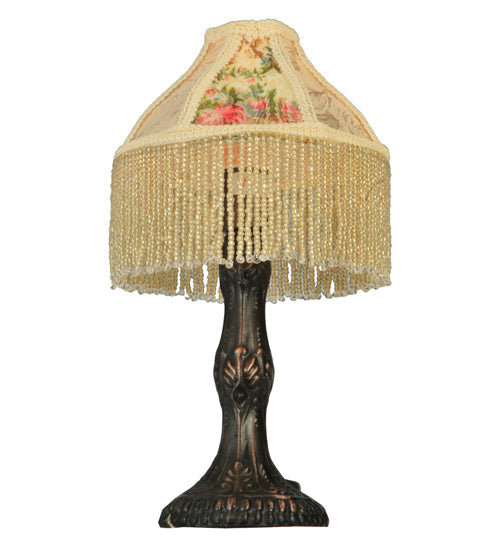 Meyda Lighting Fabric & Fringe 10" Antique Mini Table Lamp With Ivory and Roses Fabric Shade