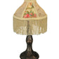 Meyda Lighting Fabric & Fringe 10" Antique Mini Table Lamp With Ivory and Roses Fabric Shade