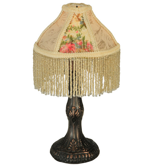 Meyda Lighting Fabric & Fringe 10" Antique Mini Table Lamp With Ivory and Roses Fabric Shade