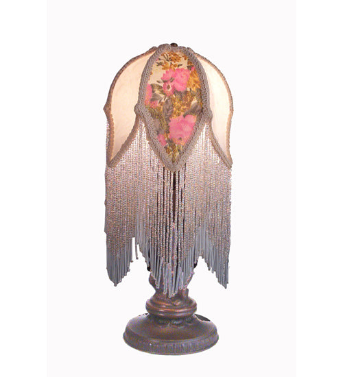 Meyda Lighting Fabric & Fringe 11" Mahogany Bronze Victorian Mini Table Lamp With Floral Fabric Shade