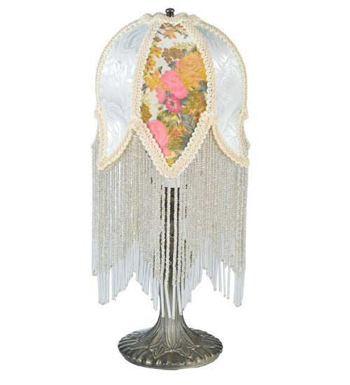Meyda Lighting Fabric & Fringe 15" Antique Victorian Tulip Table Lamp With Ivory & Floral Fabric Shade