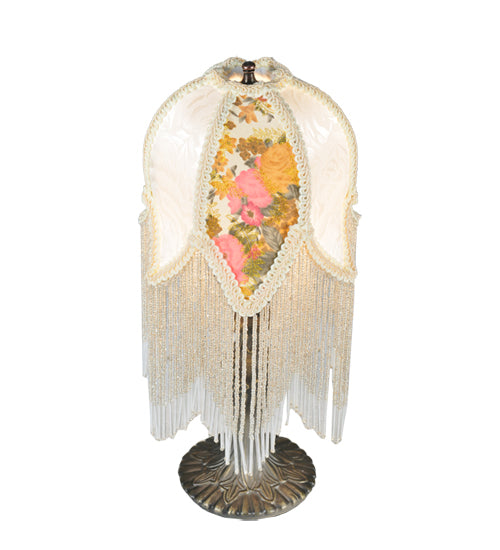 Meyda Lighting Fabric & Fringe 15" Antique Victorian Tulip Table Lamp With Ivory & Floral Fabric Shade