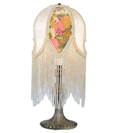 Meyda Lighting Fabric & Fringe 15" Antique Victorian Tulip Table Lamp With Ivory & Floral Fabric Shade