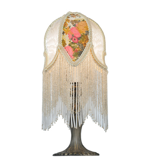 Meyda Lighting Fabric & Fringe 15" Antique Victorian Tulip Table Lamp With Ivory & Floral Fabric Shade