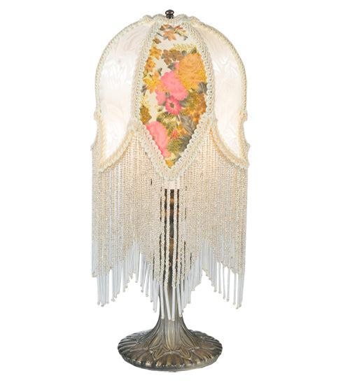 Meyda Lighting Fabric & Fringe 15" Antique Victorian Tulip Table Lamp With Ivory & Floral Fabric Shade
