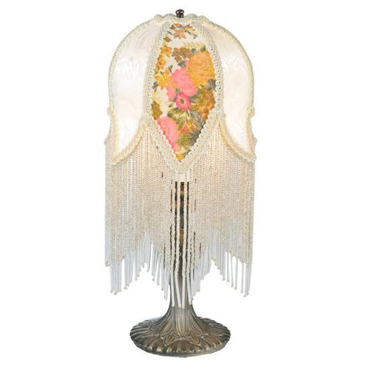 Meyda Lighting Fabric & Fringe 15" Antique Victorian Tulip Table Lamp With Ivory & Floral Fabric Shade