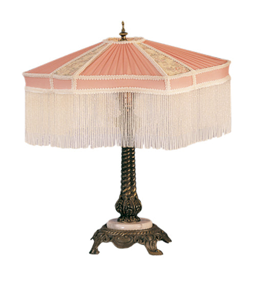 Meyda Lighting Fabric & Fringe 22" Mahogany Bronze Table Lamp With Pink & Beige Shade