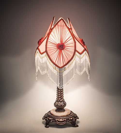 Meyda Lighting Fabric & Fringe 26" Mahogany Bronze Pontiff Accent Table Lamp With Pink & Ivory Fabric Shade
