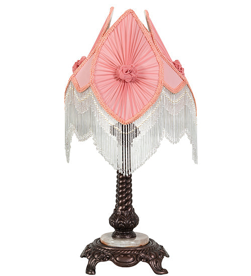 Meyda Lighting Fabric & Fringe 26" Mahogany Bronze Pontiff Accent Table Lamp With Pink & Ivory Fabric Shade
