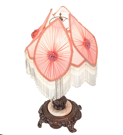 Meyda Lighting Fabric & Fringe 26" Mahogany Bronze Pontiff Accent Table Lamp With Pink & Ivory Fabric Shade