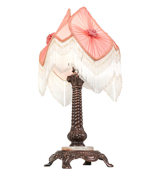 Meyda Lighting Fabric & Fringe 26" Mahogany Bronze Pontiff Accent Table Lamp With Pink & Ivory Fabric Shade