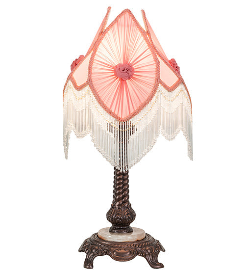 Meyda Lighting Fabric & Fringe 26" Mahogany Bronze Pontiff Accent Table Lamp With Pink & Ivory Fabric Shade