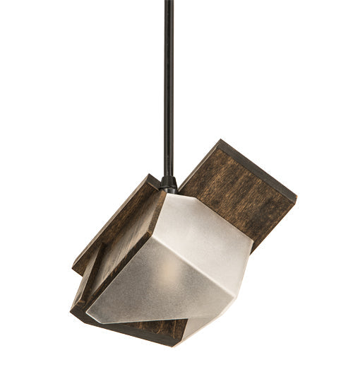 Meyda Lighting Fagelholk 10" Black & Natural Wood Mini Pendant Light With Frosted Clear Shade Glass