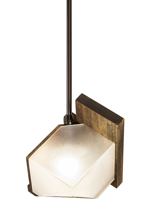 Meyda Lighting Fagelholk 10" Black & Natural Wood Mini Pendant Light With Frosted Clear Shade Glass