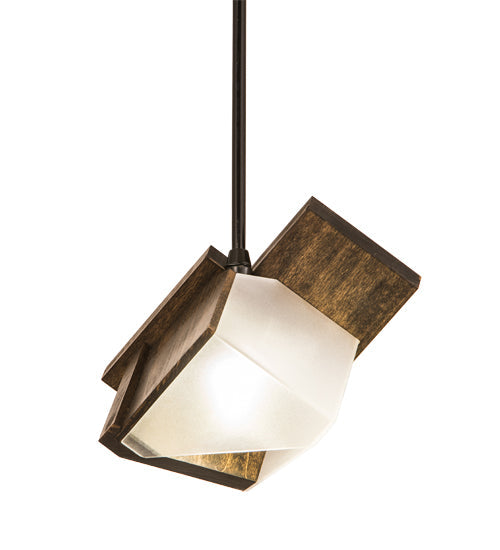 Meyda Lighting Fagelholk 10" Black & Natural Wood Mini Pendant Light With Frosted Clear Shade Glass