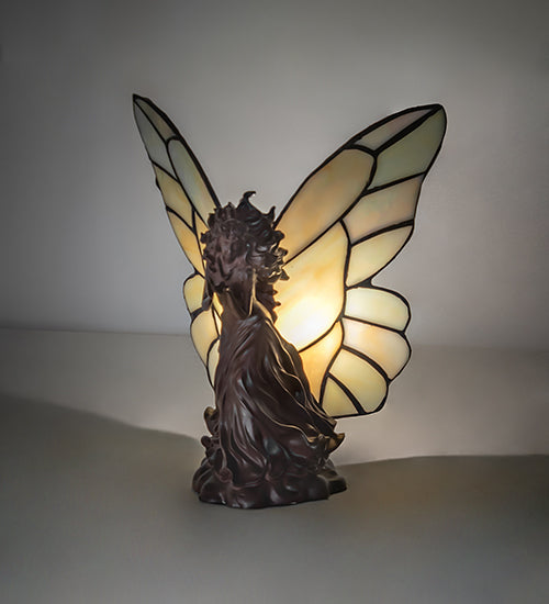 Meyda Lighting Fairy Holding Ladybug 8" Mahogany Bronze Accent Table Lamp With Beige Iridescent Shade Glass