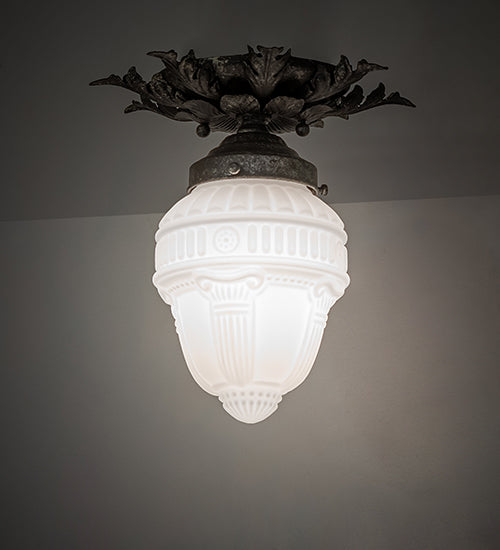 Meyda Lighting Fancy Floral 9" Antique Pewter Flush Mount Light With White Art Shade Glass