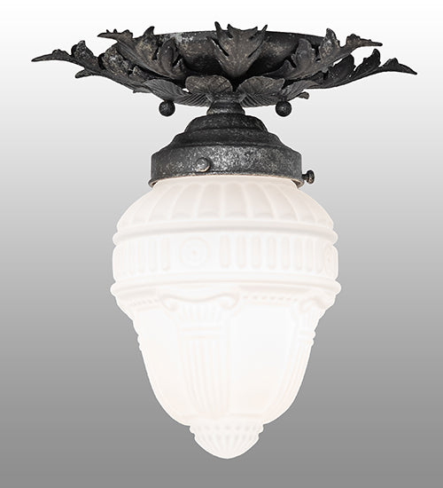 Meyda Lighting Fancy Floral 9" Antique Pewter Flush Mount Light With White Art Shade Glass