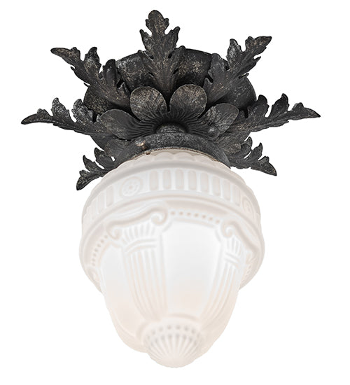 Meyda Lighting Fancy Floral 9" Antique Pewter Flush Mount Light With White Art Shade Glass