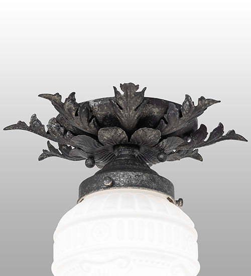 Meyda Lighting Fancy Floral 9" Antique Pewter Flush Mount Light With White Art Shade Glass