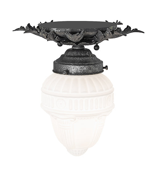 Meyda Lighting Fancy Floral 9" Antique Pewter Flush Mount Light With White Art Shade Glass