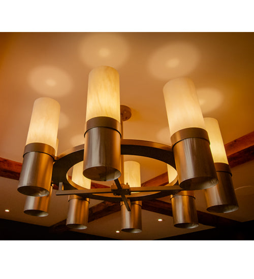 Meyda Lighting Farmington 48" 8-Light Sofia Sepia & Industrial Steel Chandelier With Creme Carrara Idalight Shade