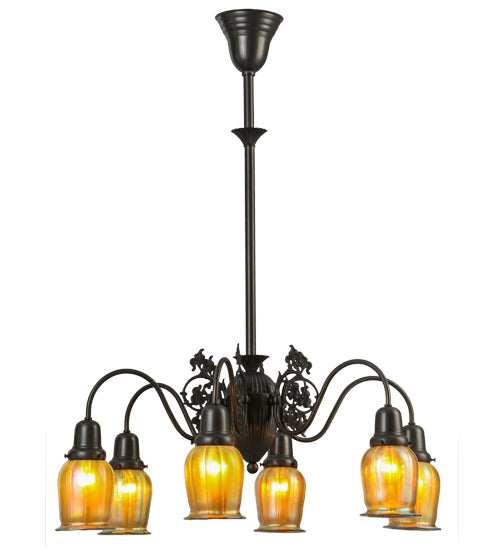 Meyda Lighting Favrile 28" 6-Light Craftsman Brown Early Electric Chandelier With Gold Iridescent Shade Glass