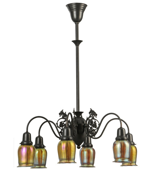 Meyda Lighting Favrile 28" 6-Light Craftsman Brown Early Electric Chandelier With Gold Iridescent Shade Glass