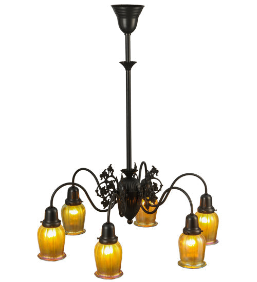 Meyda Lighting Favrile 28" 6-Light Craftsman Brown Early Electric Chandelier With Gold Iridescent Shade Glass
