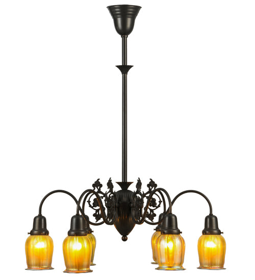 Meyda Lighting Favrile 28" 6-Light Craftsman Brown Early Electric Chandelier With Gold Iridescent Shade Glass