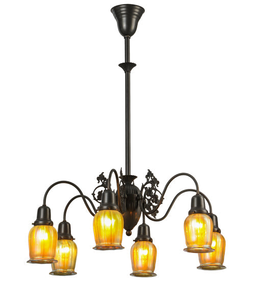 Meyda Lighting Favrile 28" 6-Light Craftsman Brown Early Electric Chandelier With Gold Iridescent Shade Glass