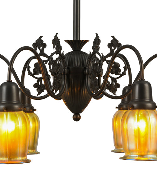 Meyda Lighting Favrile 28" 6-Light Craftsman Brown Early Electric Chandelier With Gold Iridescent Shade Glass