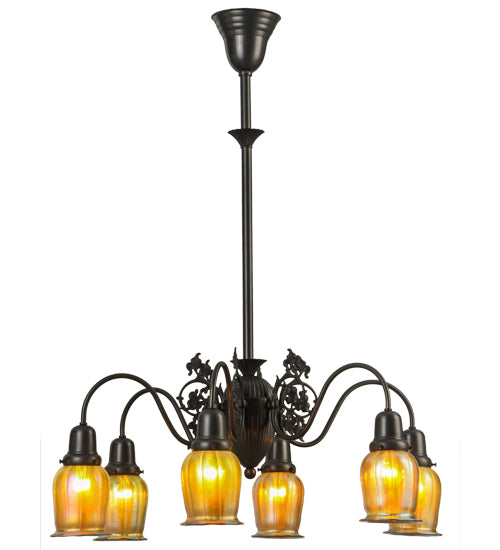 Meyda Lighting Favrile 28" 6-Light Craftsman Brown Early Electric Chandelier With Gold Iridescent Shade Glass
