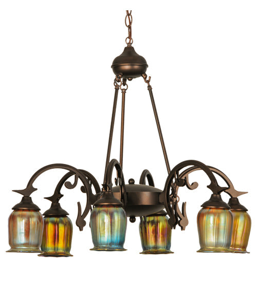 Meyda Lighting Favrile 28" 6-Light Mahogany Bronze Chandelier With Multi-Colored Shade Glass